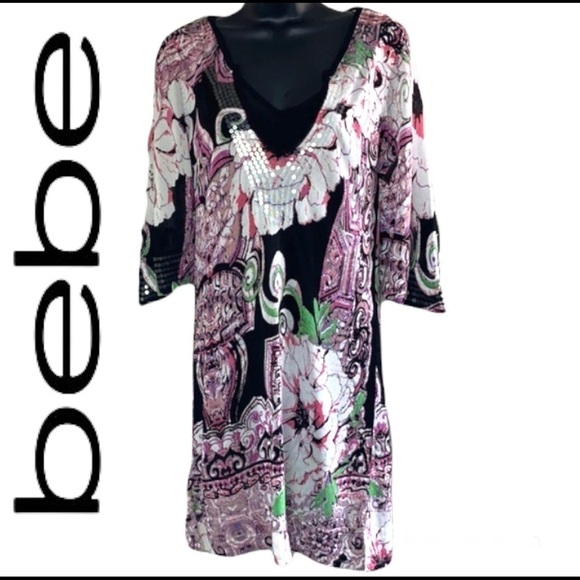 Bebe Pink/White Sequinned Floral Mini Length Dress Size S - Picture 1 of 13